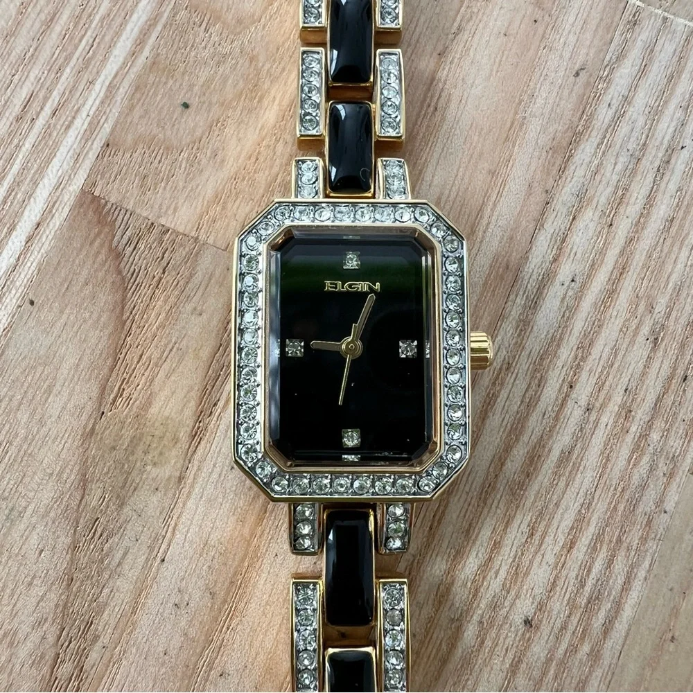 Elgin ladies octagonal black dial gold tone dress watch NEW BATTERY